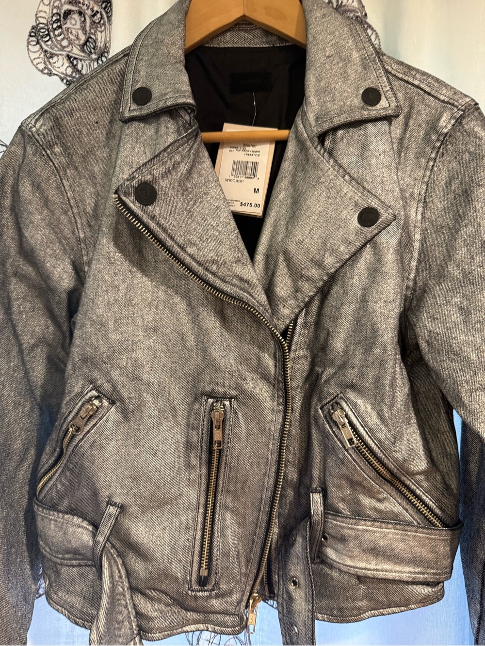 MOTHER The Moto Jacket Friday Night Freestyle Metallic Silver Foil M NWT $475